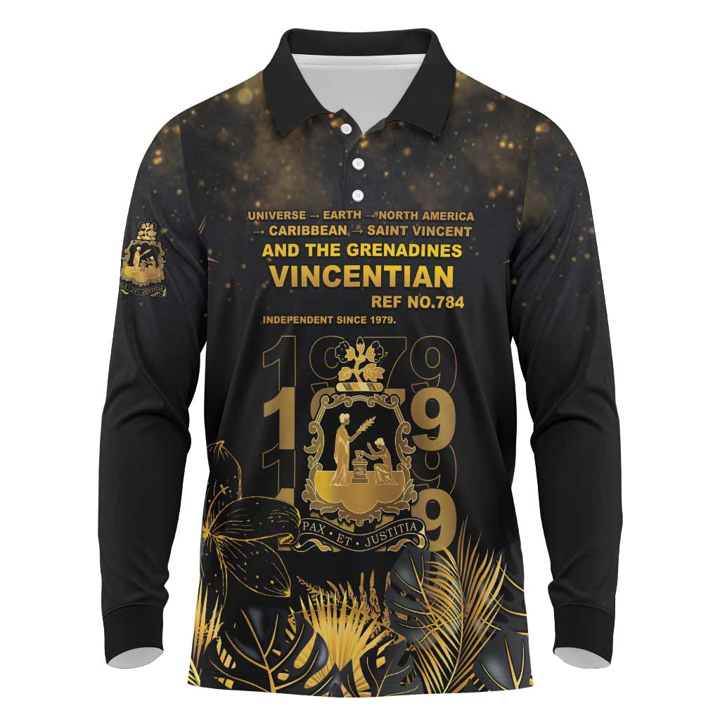 Saint Vincent And The Grenadines 1979 Long Sleeve Polo Shirt Gold Tropical Leaves And Coat Of Arms - Wonder Print Shop