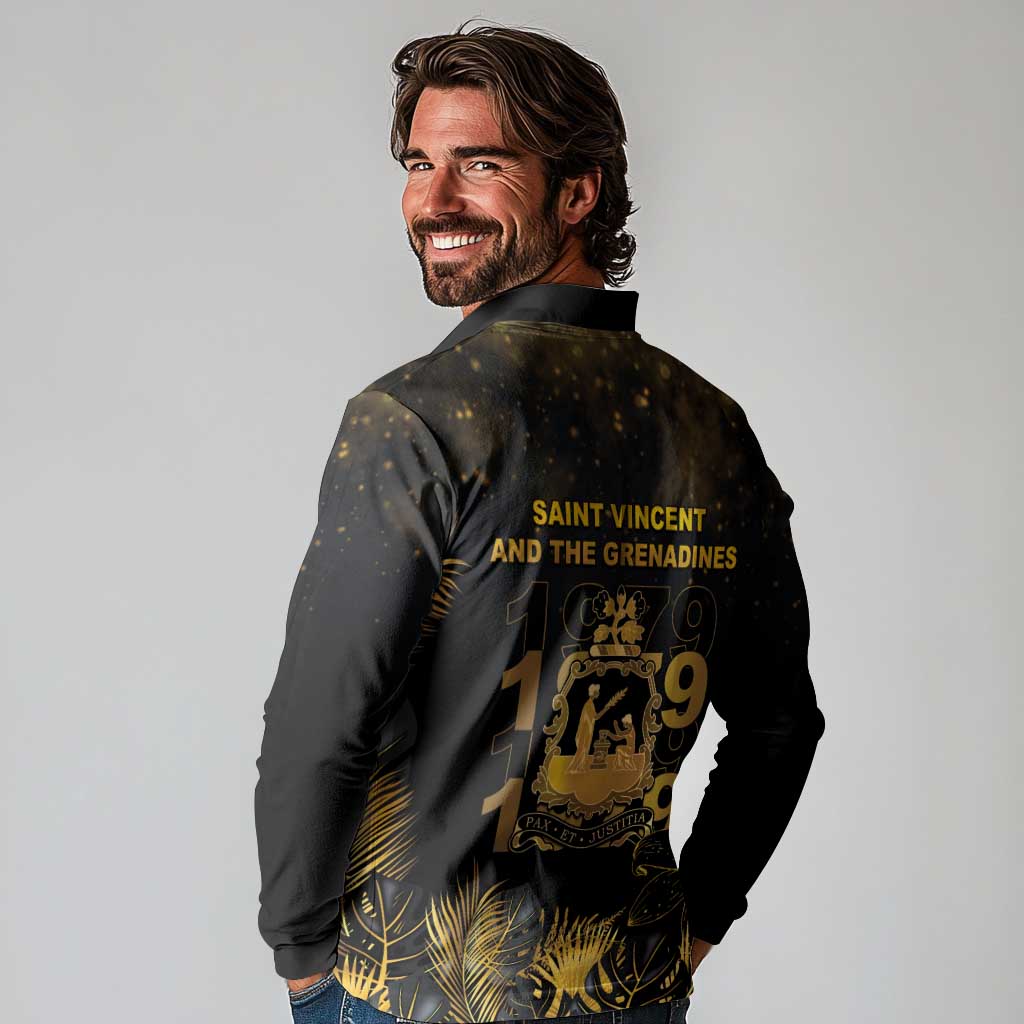 Saint Vincent And The Grenadines 1979 Long Sleeve Polo Shirt Gold Tropical Leaves And Coat Of Arms - Wonder Print Shop