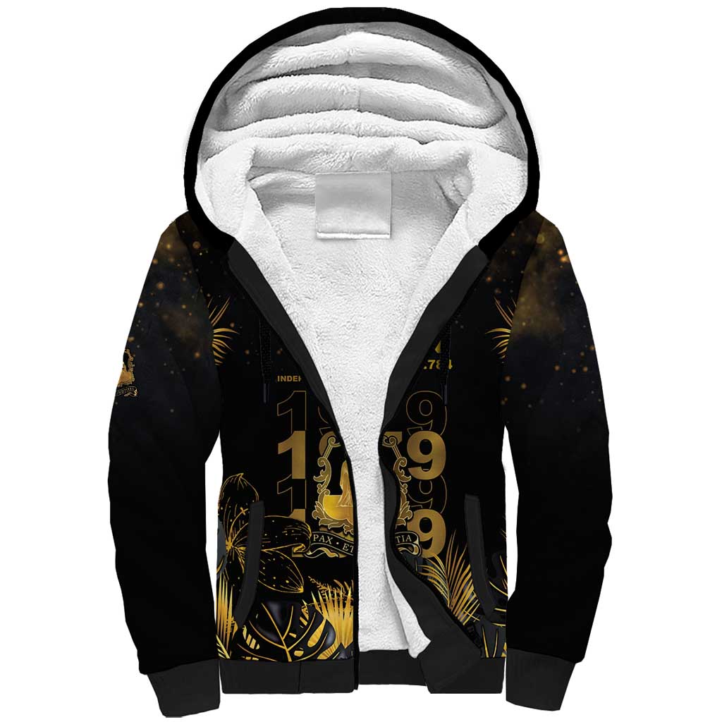 Saint Vincent And The Grenadines 1979 Sherpa Hoodie Gold Tropical Leaves And Coat Of Arms - Wonder Print Shop