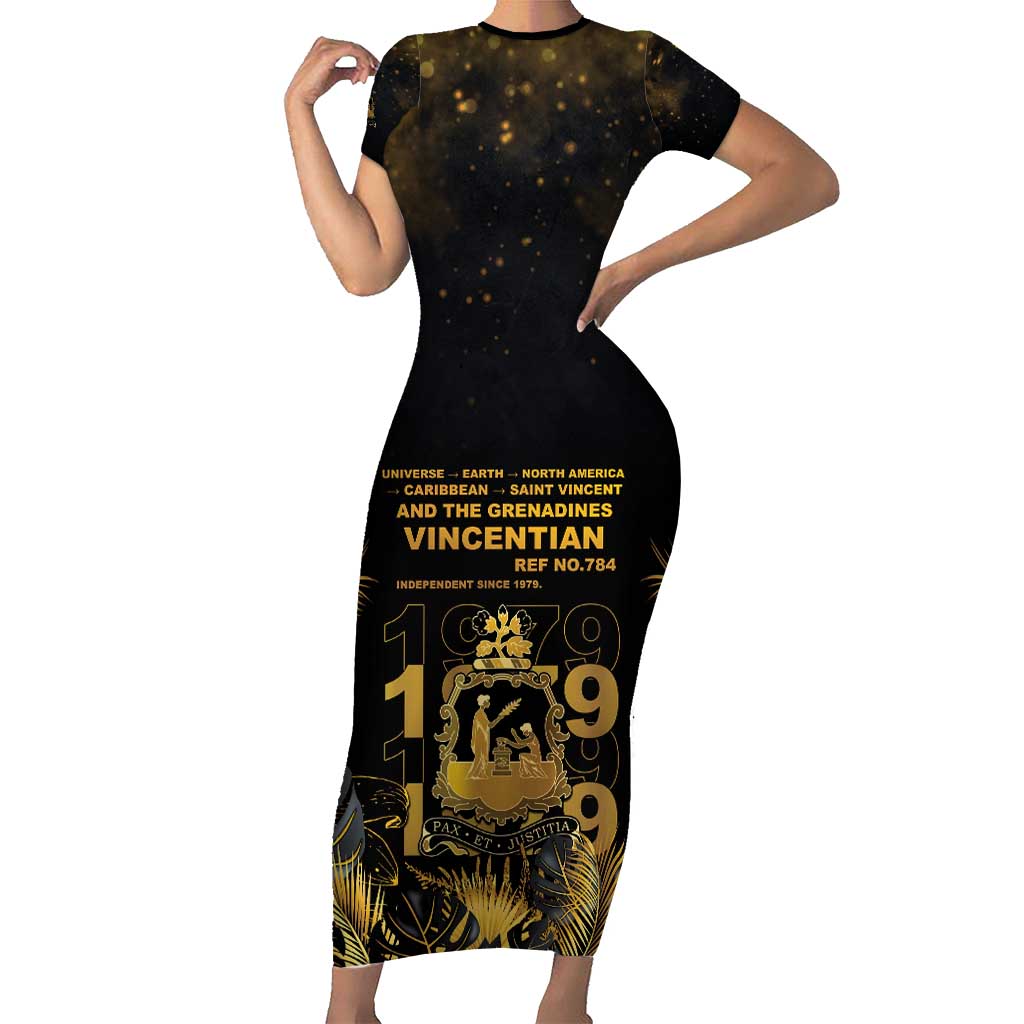 Saint Vincent And The Grenadines 1979 Short Sleeve Bodycon Dress Gold Tropical Leaves And Coat Of Arms - Wonder Print Shop
