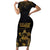 Saint Vincent And The Grenadines 1979 Short Sleeve Bodycon Dress Gold Tropical Leaves And Coat Of Arms - Wonder Print Shop