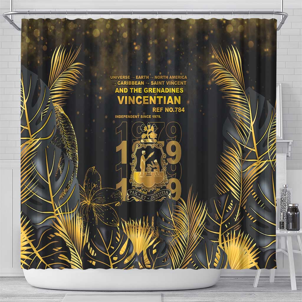 Saint Vincent And The Grenadines 1979 Shower Curtain Gold Tropical Leaves And Coat Of Arms - Wonder Print Shop