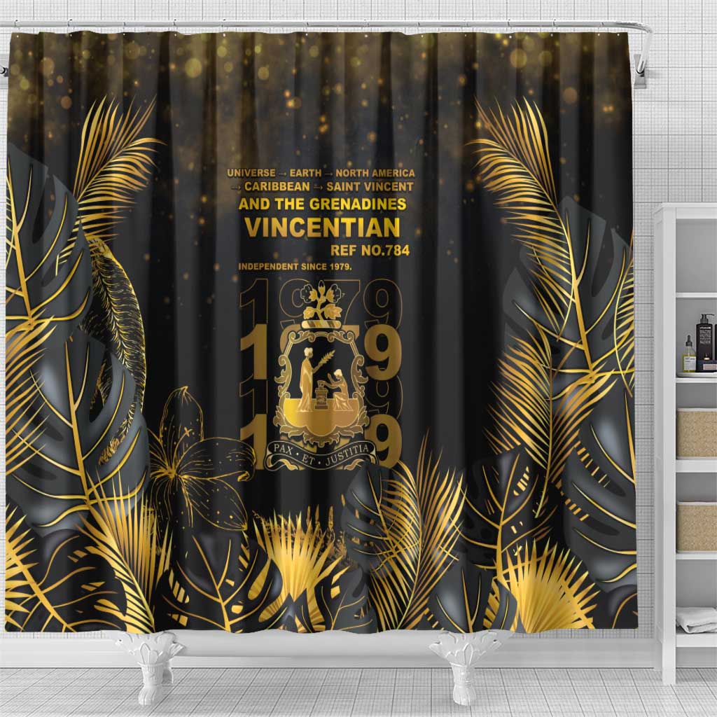 Saint Vincent And The Grenadines 1979 Shower Curtain Gold Tropical Leaves And Coat Of Arms - Wonder Print Shop