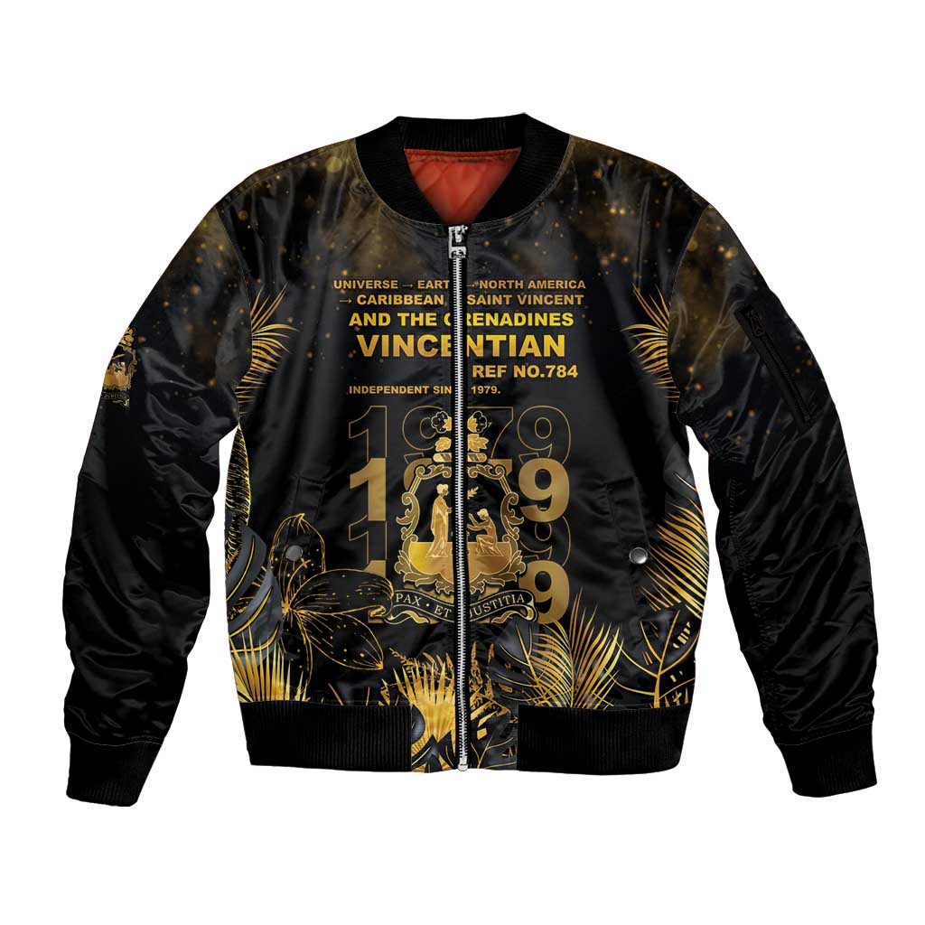 Saint Vincent And The Grenadines 1979 Sleeve Zip Bomber Jacket Gold Tropical Leaves And Coat Of Arms - Wonder Print Shop
