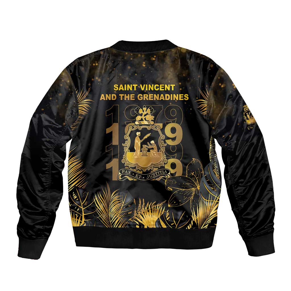 Saint Vincent And The Grenadines 1979 Sleeve Zip Bomber Jacket Gold Tropical Leaves And Coat Of Arms - Wonder Print Shop