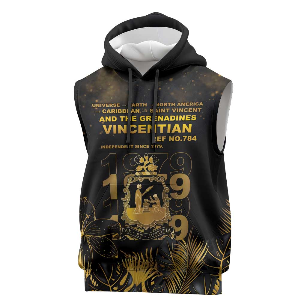 Saint Vincent And The Grenadines 1979 Sleeveless Hoodie Gold Tropical Leaves And Coat Of Arms - Wonder Print Shop