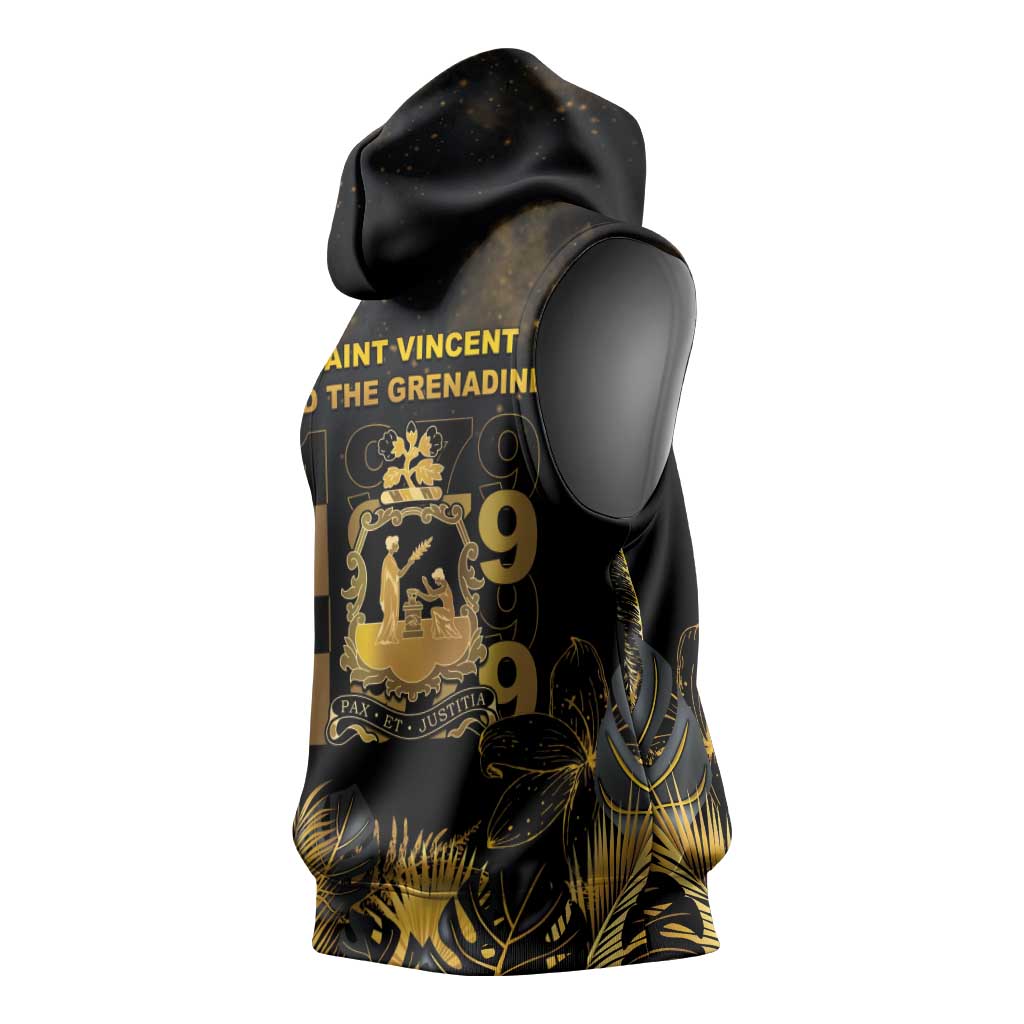 Saint Vincent And The Grenadines 1979 Sleeveless Hoodie Gold Tropical Leaves And Coat Of Arms - Wonder Print Shop