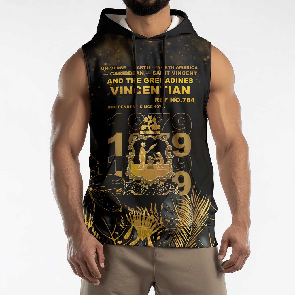 Saint Vincent And The Grenadines 1979 Sleeveless Hoodie Gold Tropical Leaves And Coat Of Arms - Wonder Print Shop
