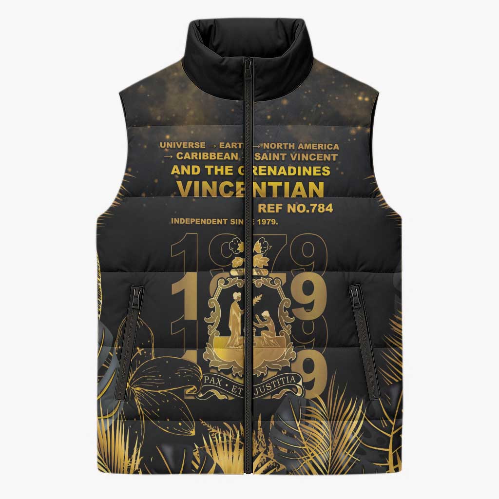 Saint Vincent And The Grenadines 1979 Sleeveless Puffer Jacket Gold Tropical Leaves And Coat Of Arms - Wonder Print Shop