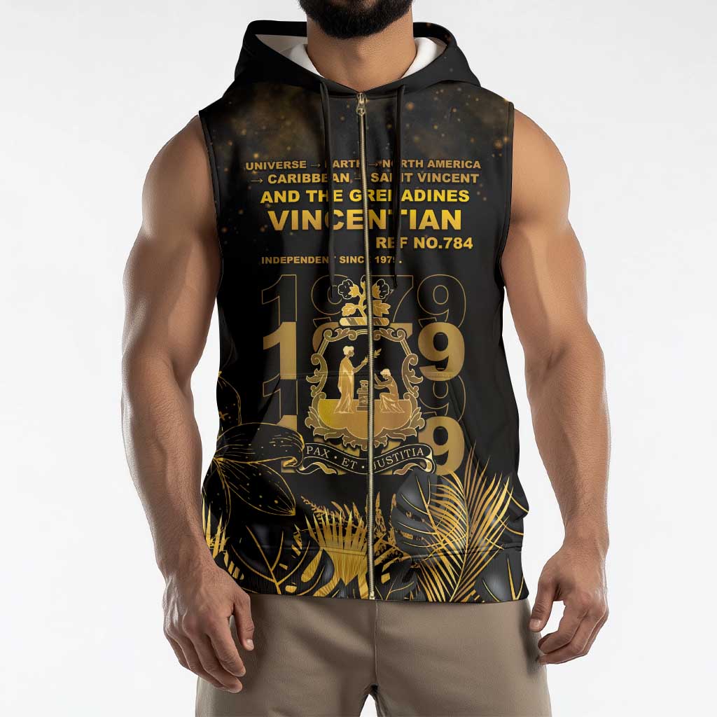 Saint Vincent And The Grenadines 1979 Sleeveless Zip Hoodie Gold Tropical Leaves And Coat Of Arms - Wonder Print Shop