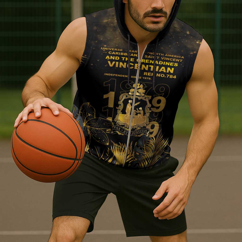 Saint Vincent And The Grenadines 1979 Sleeveless Zip Hoodie Gold Tropical Leaves And Coat Of Arms - Wonder Print Shop