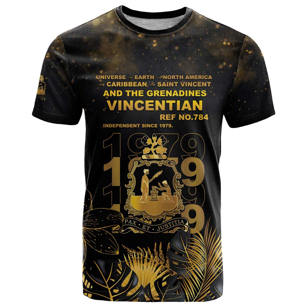 Saint Vincent And The Grenadines 1979 T Shirt Gold Tropical Leaves And Coat Of Arms - Wonder Print Shop