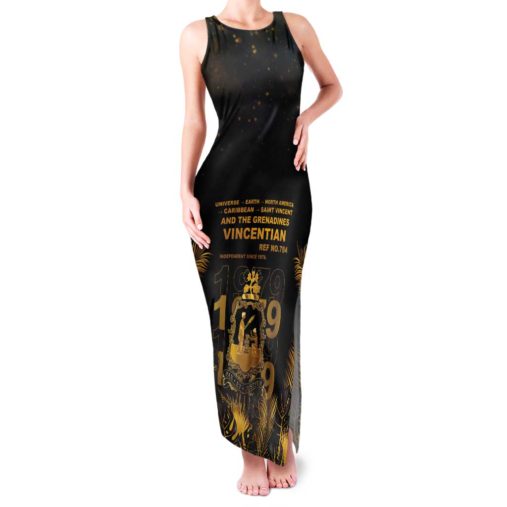 Saint Vincent And The Grenadines 1979 Tank Maxi Dress Gold Tropical Leaves And Coat Of Arms - Wonder Print Shop