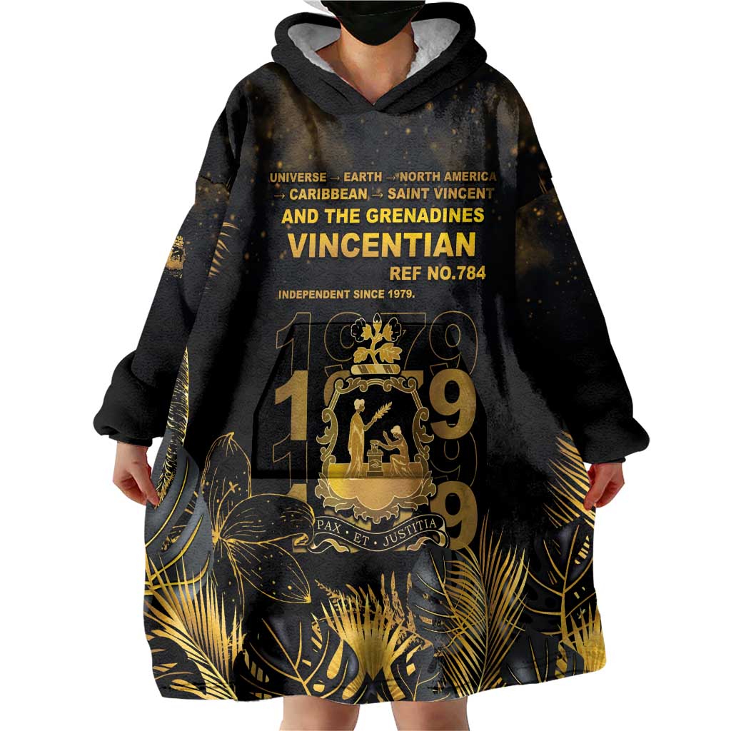 Saint Vincent And The Grenadines 1979 Wearable Blanket Hoodie Gold Tropical Leaves And Coat Of Arms - Wonder Print Shop