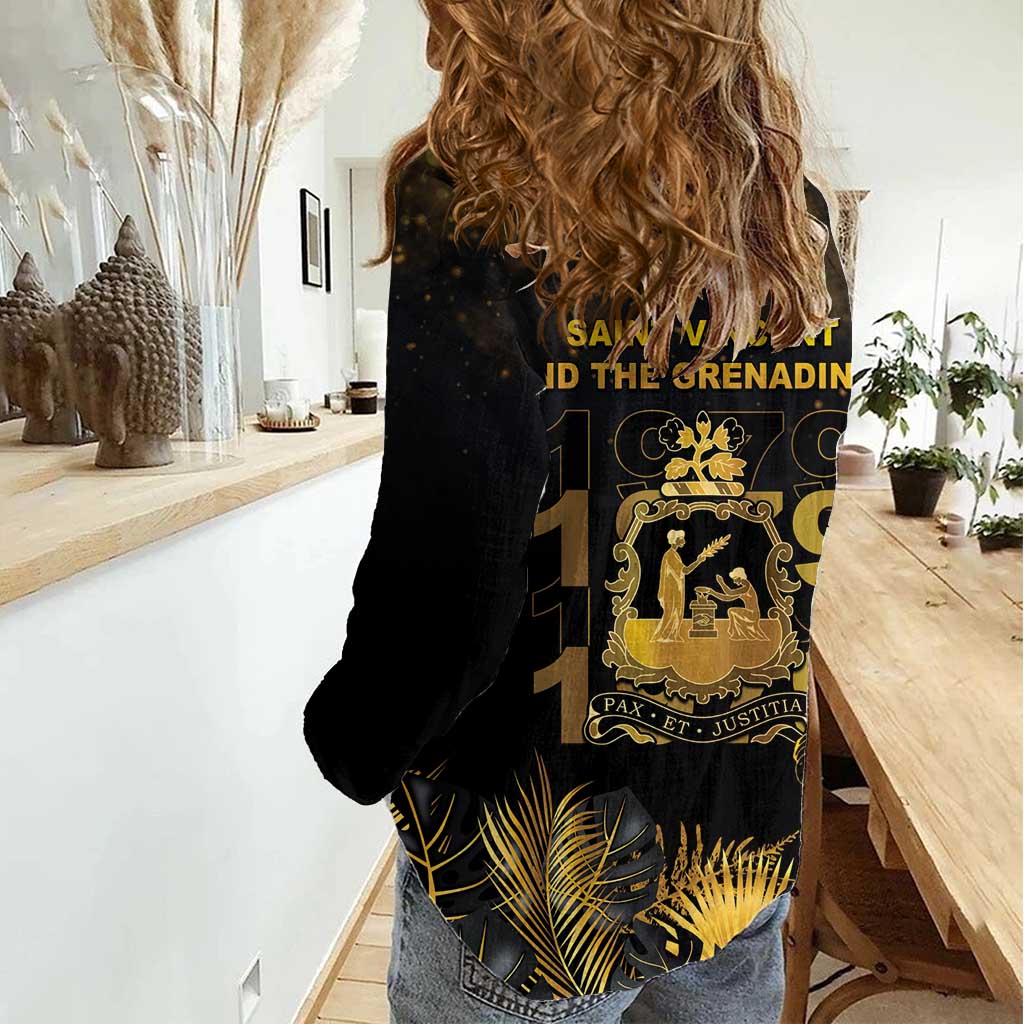 Saint Vincent And The Grenadines 1979 Women Casual Shirt Gold Tropical Leaves And Coat Of Arms - Wonder Print Shop