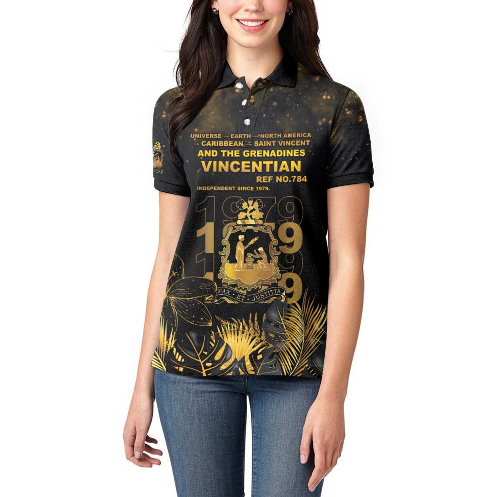 Saint Vincent And The Grenadines 1979 Women Polo Shirt Gold Tropical Leaves And Coat Of Arms - Wonder Print Shop