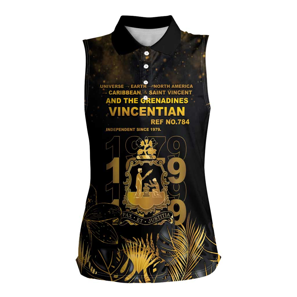 Saint Vincent And The Grenadines 1979 Women Sleeveless Polo Shirt Gold Tropical Leaves And Coat Of Arms - Wonder Print Shop