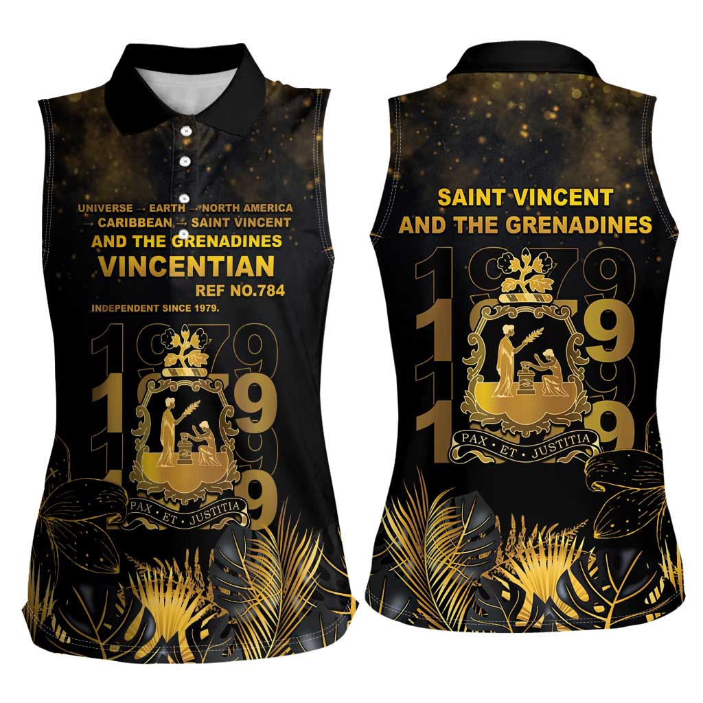 Saint Vincent And The Grenadines 1979 Women Sleeveless Polo Shirt Gold Tropical Leaves And Coat Of Arms - Wonder Print Shop