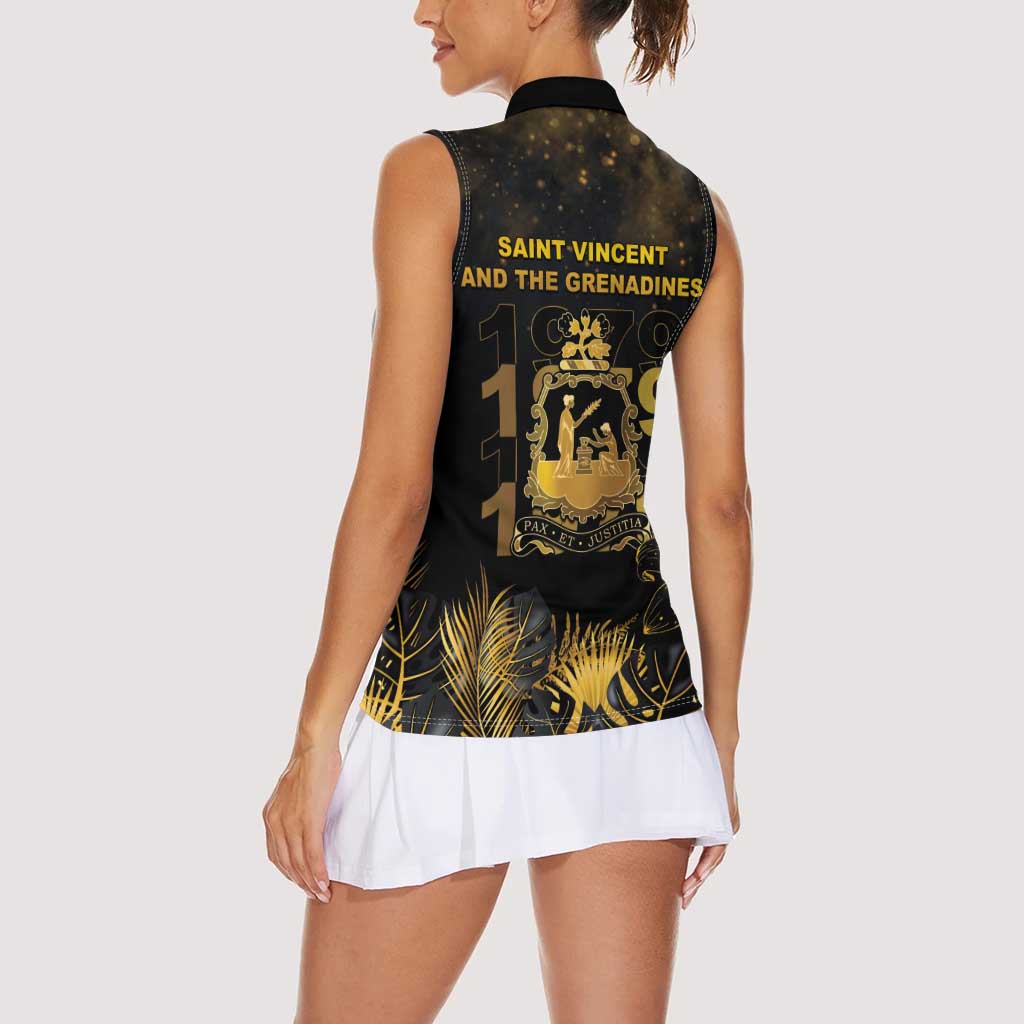 Saint Vincent And The Grenadines 1979 Women Sleeveless Polo Shirt Gold Tropical Leaves And Coat Of Arms - Wonder Print Shop