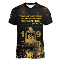 Saint Vincent And The Grenadines 1979 Women V-Neck T-Shirt Gold Tropical Leaves And Coat Of Arms - Wonder Print Shop