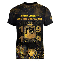 Saint Vincent And The Grenadines 1979 Women V-Neck T-Shirt Gold Tropical Leaves And Coat Of Arms - Wonder Print Shop