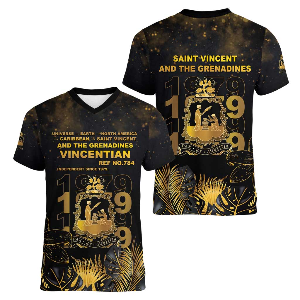 Saint Vincent And The Grenadines 1979 Women V-Neck T-Shirt Gold Tropical Leaves And Coat Of Arms - Wonder Print Shop