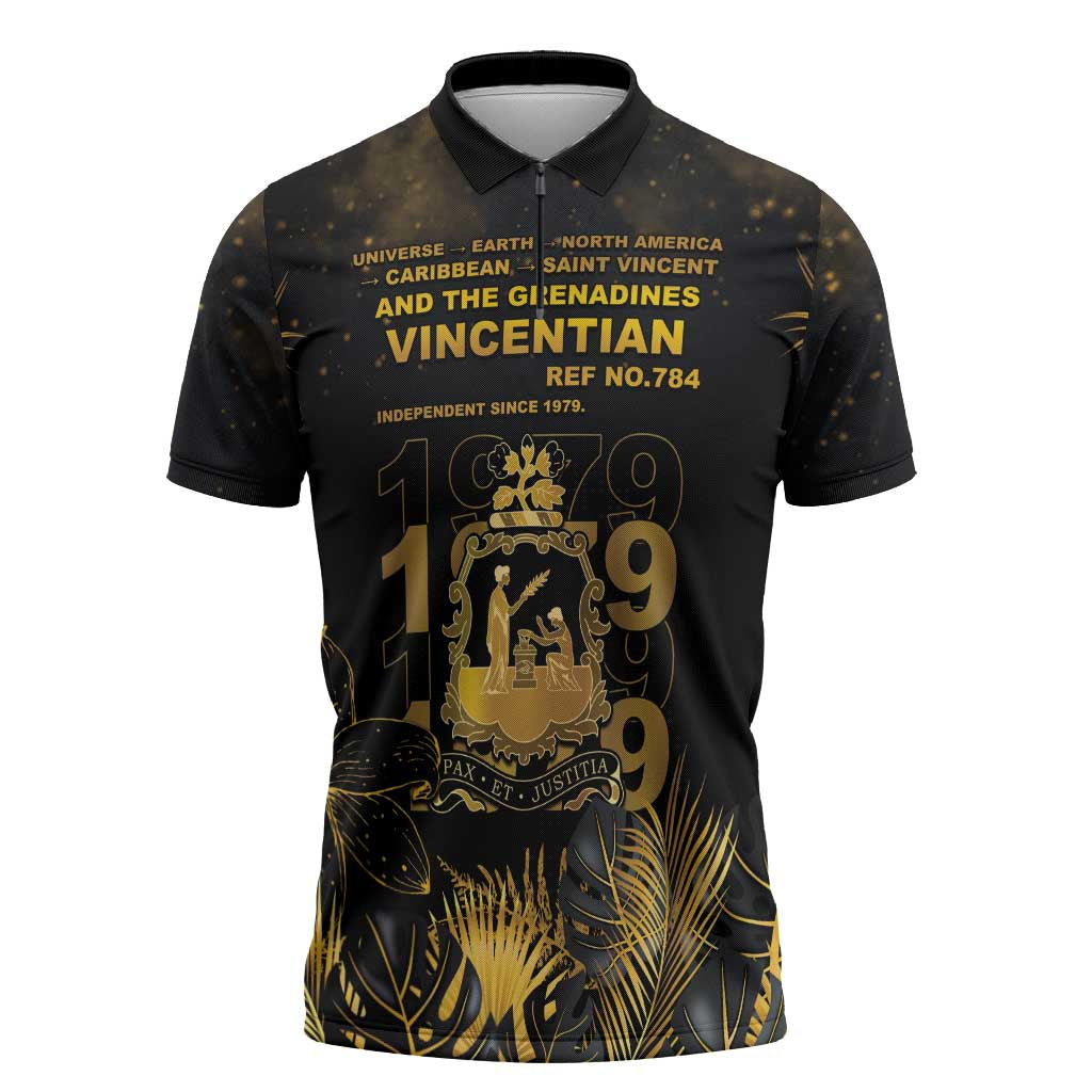 Saint Vincent And The Grenadines 1979 Zipper Polo Shirt Gold Tropical Leaves And Coat Of Arms - Wonder Print Shop