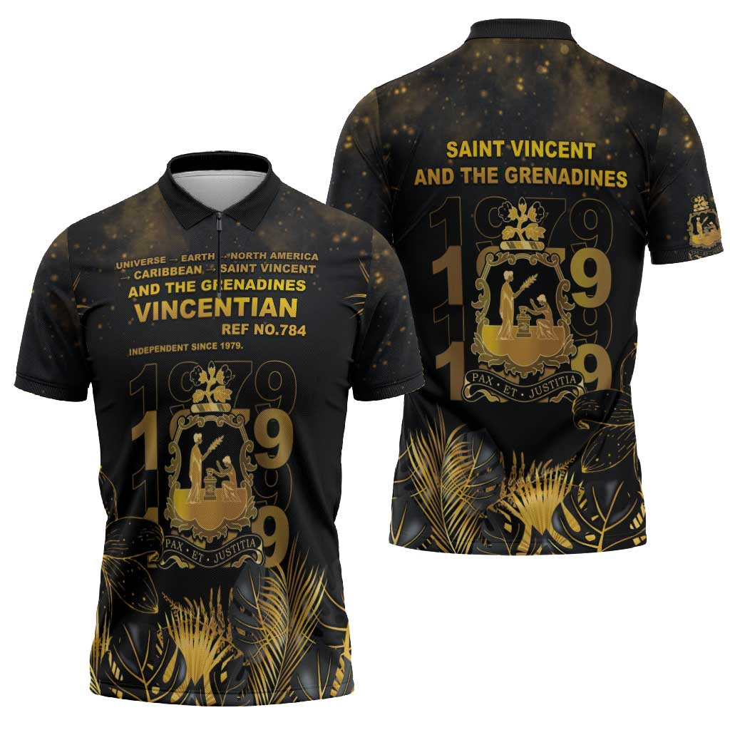 Saint Vincent And The Grenadines 1979 Zipper Polo Shirt Gold Tropical Leaves And Coat Of Arms - Wonder Print Shop