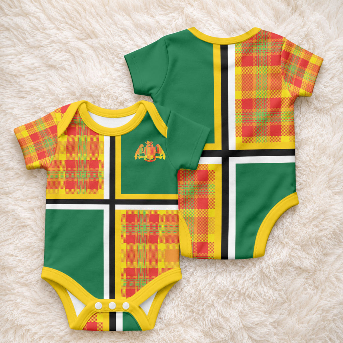 Dominica Creole Day Baby Onesie Coat Of Arms Madras Plaid Pattern