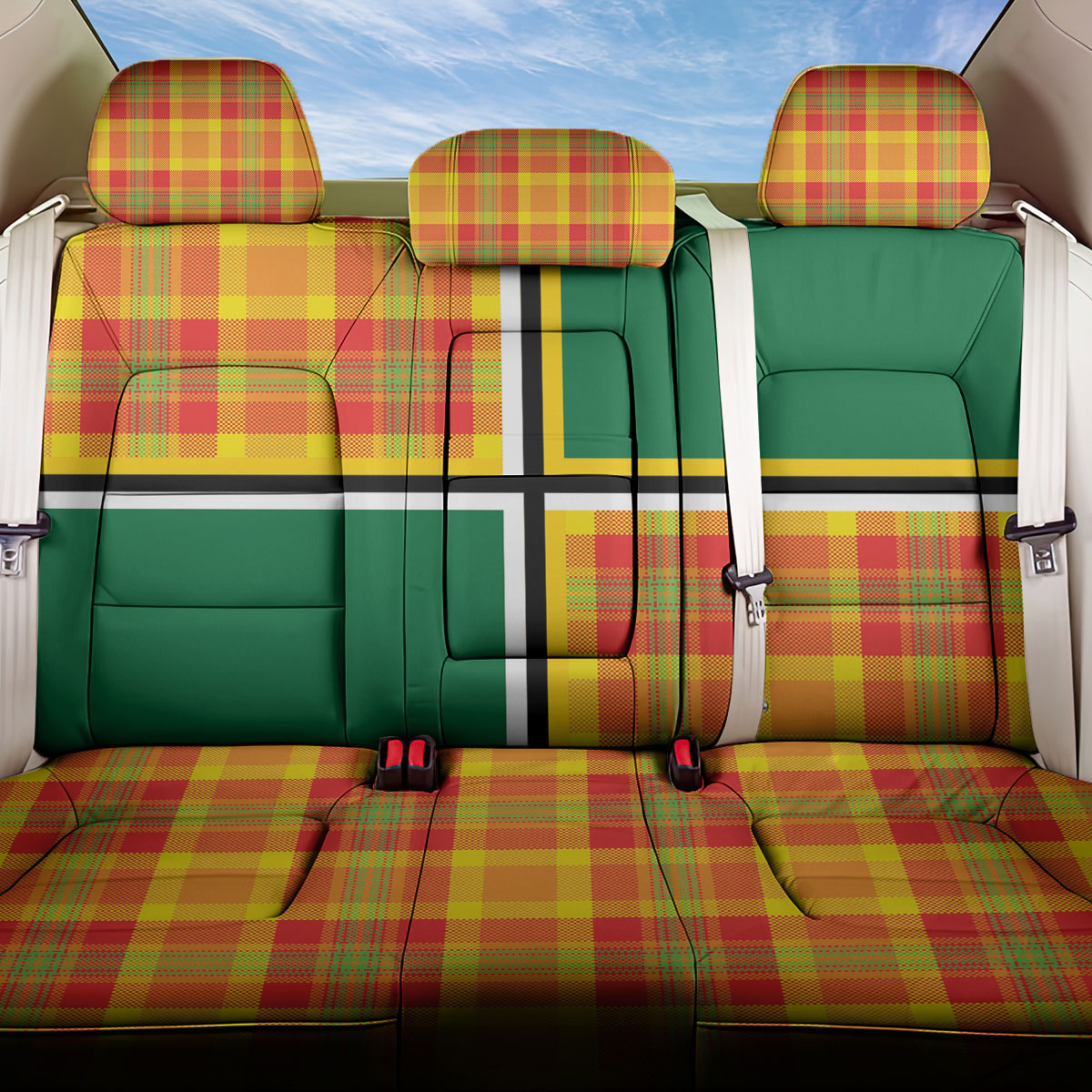 Dominica Creole Day Back Car Seat Cover Coat Of Arms Madras Plaid Pattern