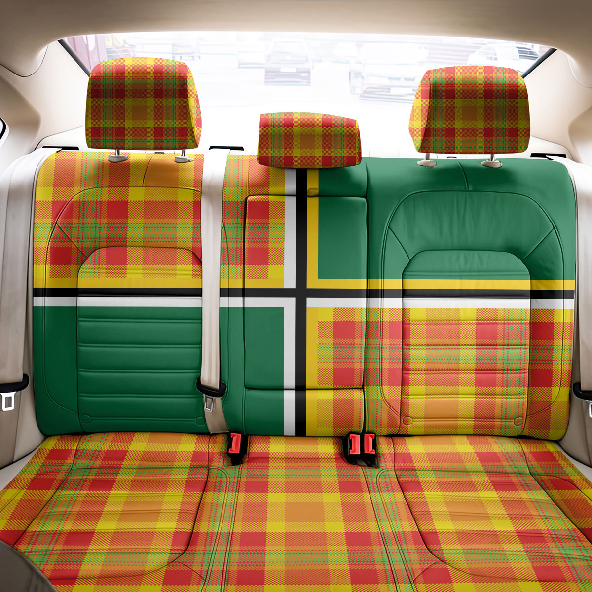 Dominica Creole Day Back Car Seat Cover Coat Of Arms Madras Plaid Pattern