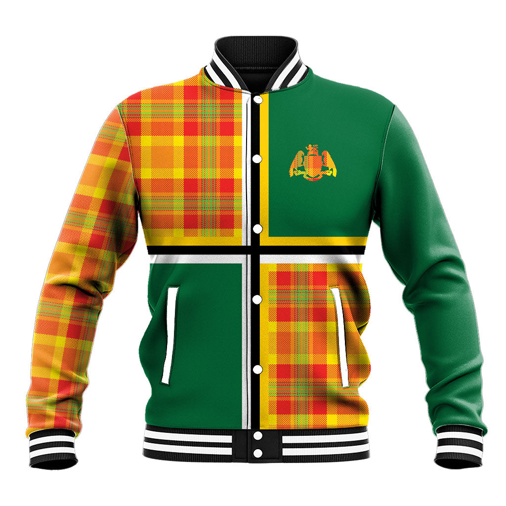 Dominica Creole Day Baseball Jacket Coat Of Arms Madras Plaid Pattern
