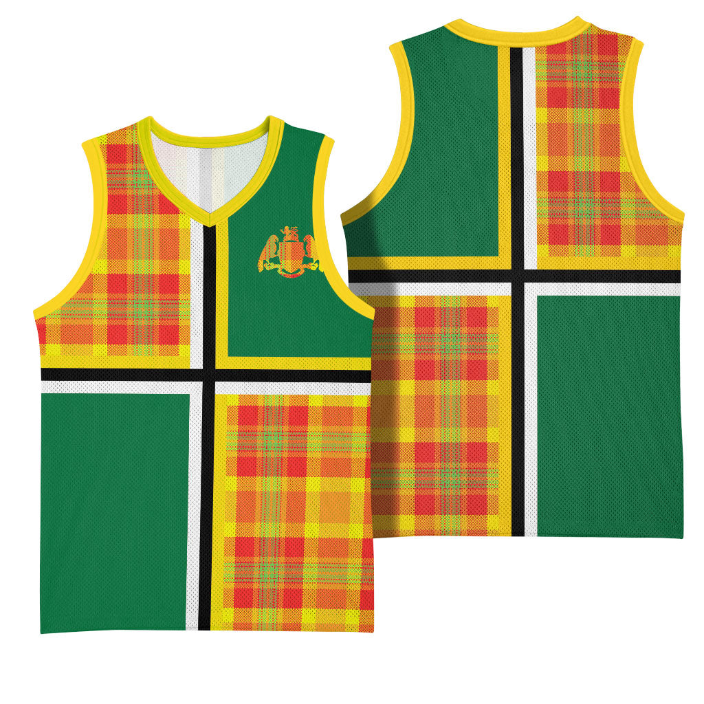 Dominica Creole Day Basketball Jersey Coat Of Arms Madras Plaid Pattern