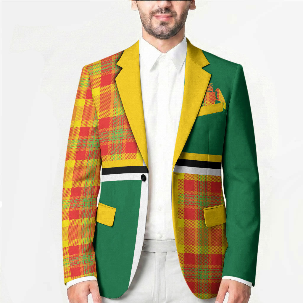 Dominica Creole Day Blazer Coat Of Arms Madras Plaid Pattern