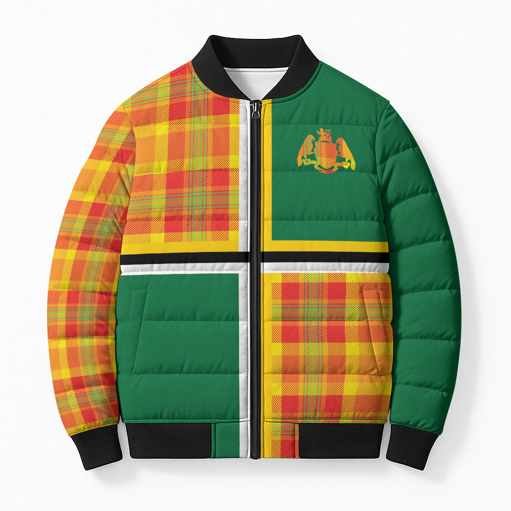 Dominica Creole Day Bomber Puffer Jacket Coat Of Arms Madras Plaid Pattern