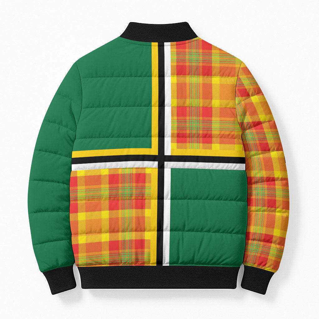 Dominica Creole Day Bomber Puffer Jacket Coat Of Arms Madras Plaid Pattern