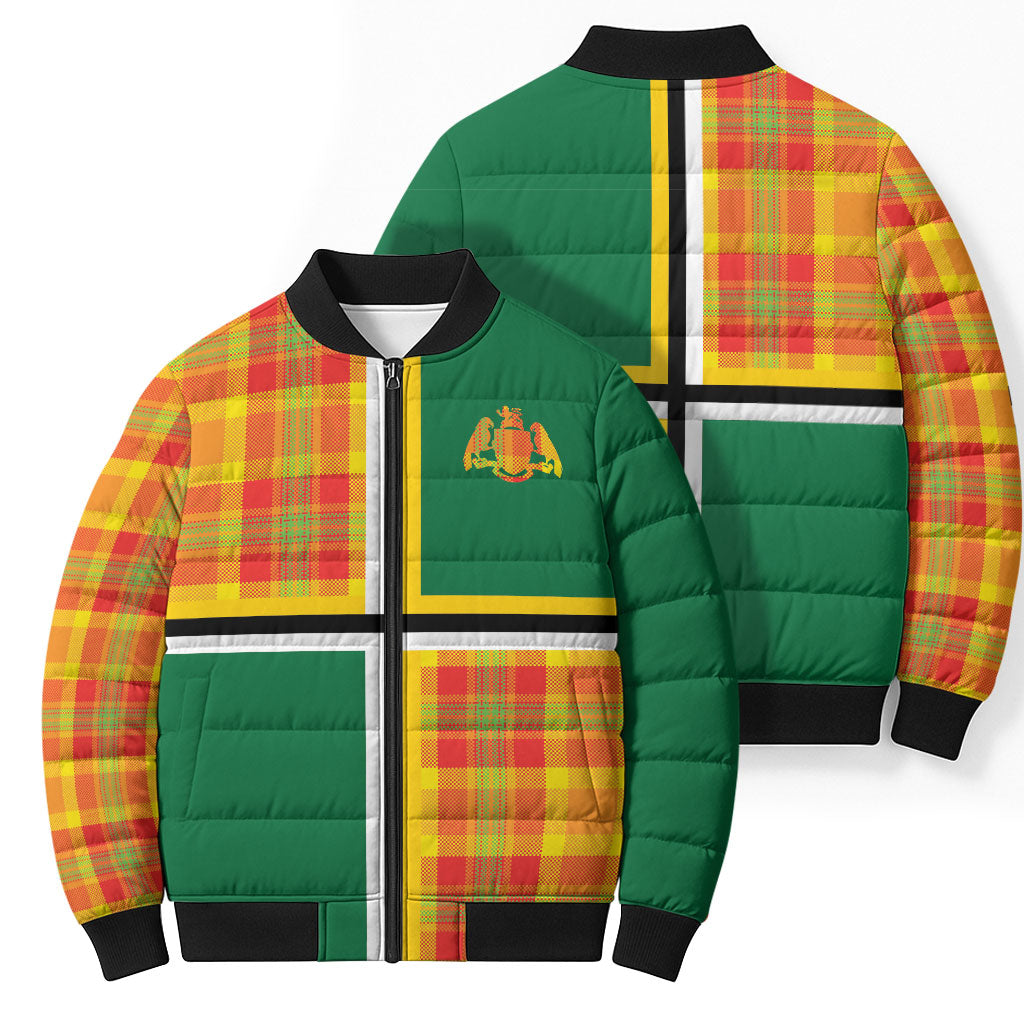 Dominica Creole Day Bomber Puffer Jacket Coat Of Arms Madras Plaid Pattern