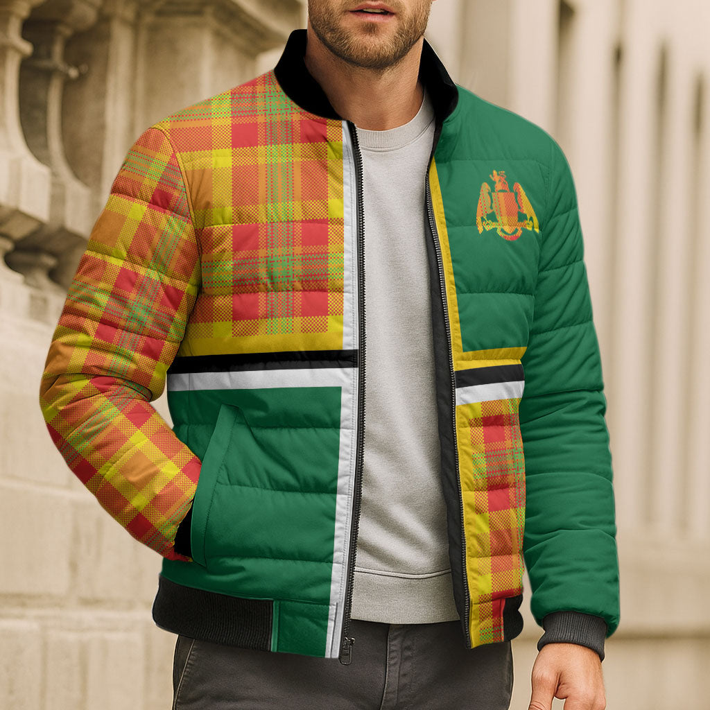 Dominica Creole Day Bomber Puffer Jacket Coat Of Arms Madras Plaid Pattern