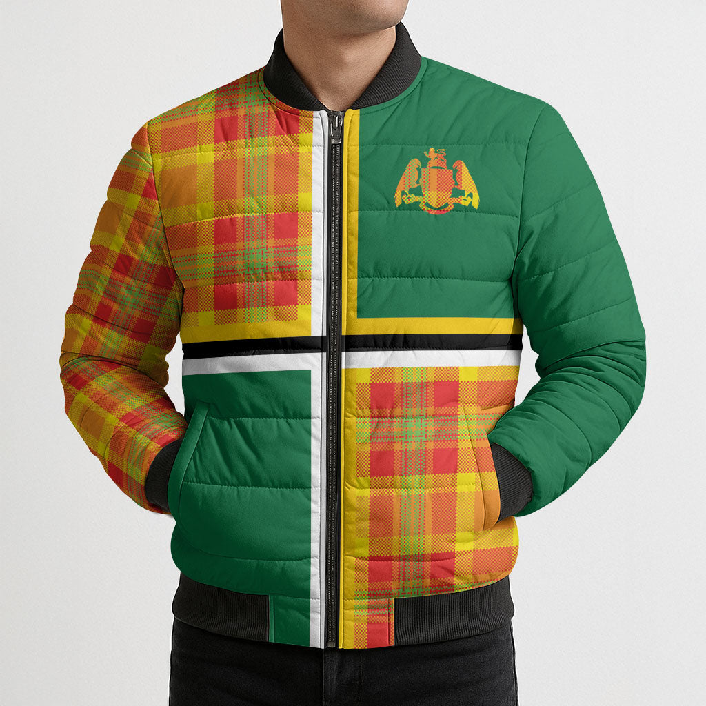 Dominica Creole Day Bomber Puffer Jacket Coat Of Arms Madras Plaid Pattern