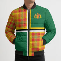 Dominica Creole Day Bomber Puffer Jacket Coat Of Arms Madras Plaid Pattern