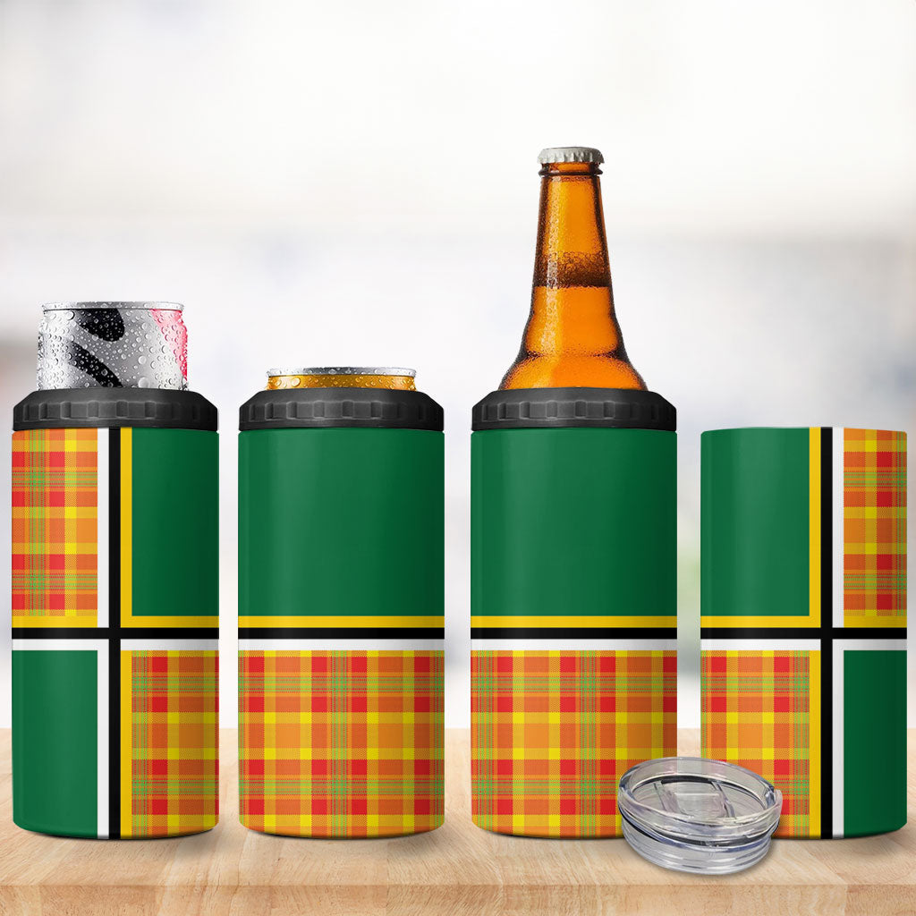 Dominica Creole Day 4 in 1 Can Cooler Tumbler Coat Of Arms Madras Plaid Pattern