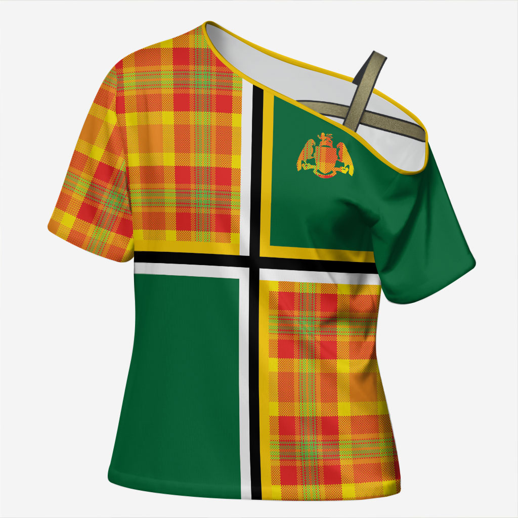 Dominica Creole Day Cross Shoulder Shirt Coat Of Arms Madras Plaid Pattern
