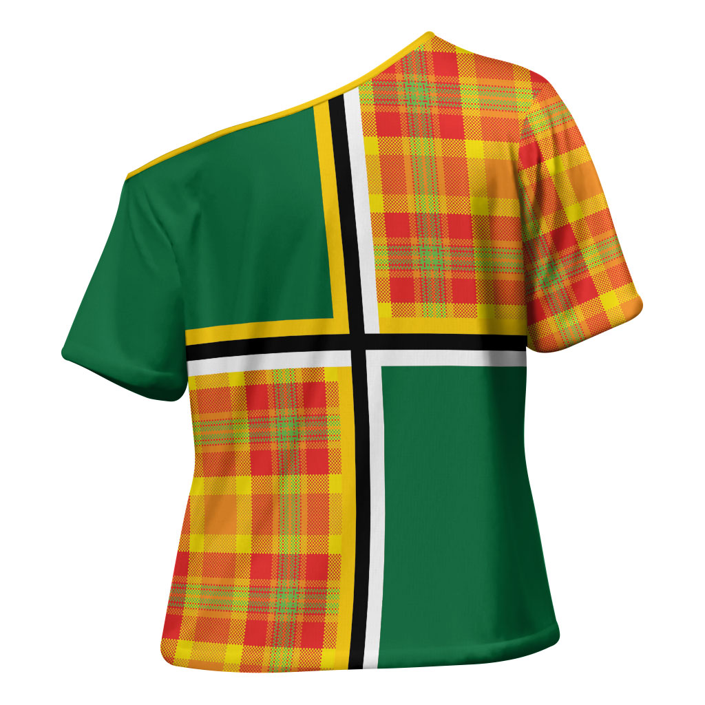 Dominica Creole Day Cross Shoulder Shirt Coat Of Arms Madras Plaid Pattern
