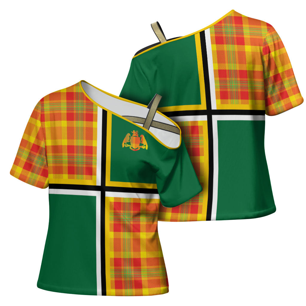 Dominica Creole Day Cross Shoulder Shirt Coat Of Arms Madras Plaid Pattern
