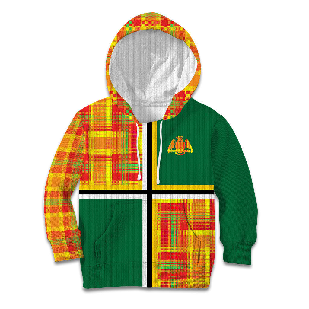 Dominica Creole Day Kid Hoodie Coat Of Arms Madras Plaid Pattern