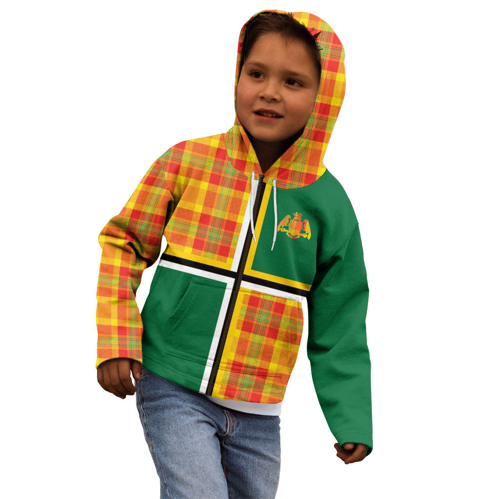 Dominica Creole Day Kid Hoodie Coat Of Arms Madras Plaid Pattern