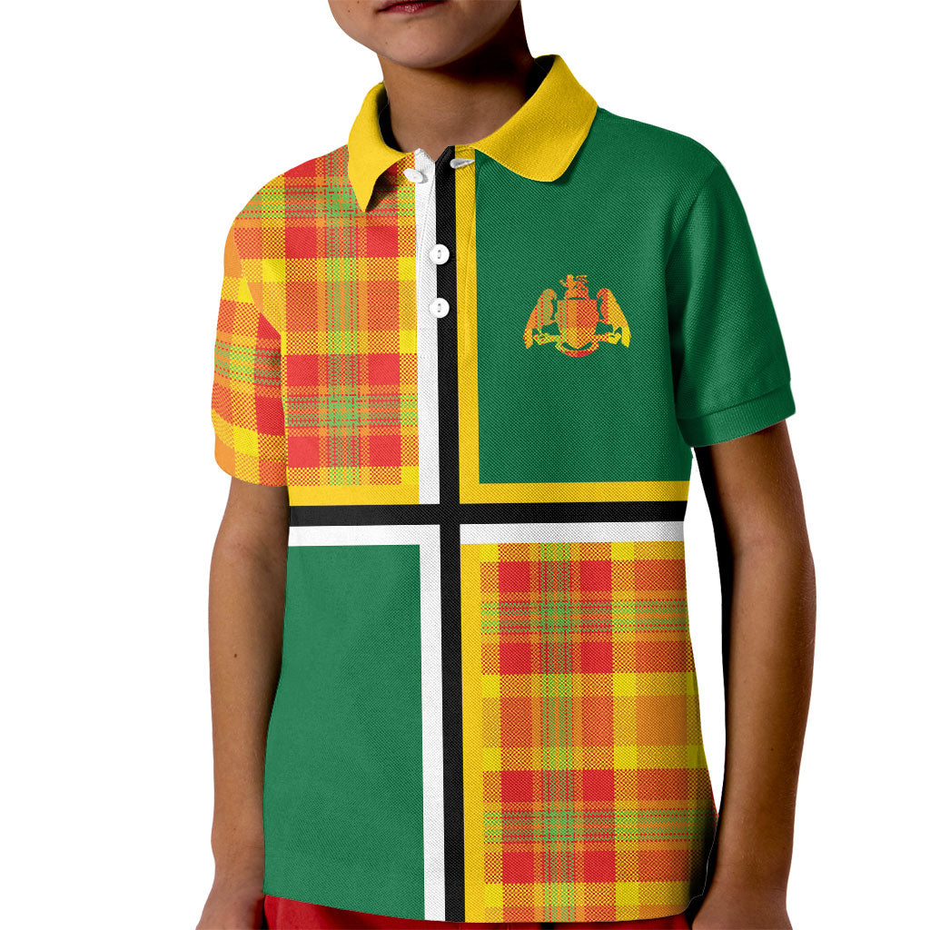 Dominica Creole Day Kid Polo Shirt Coat Of Arms Madras Plaid Pattern