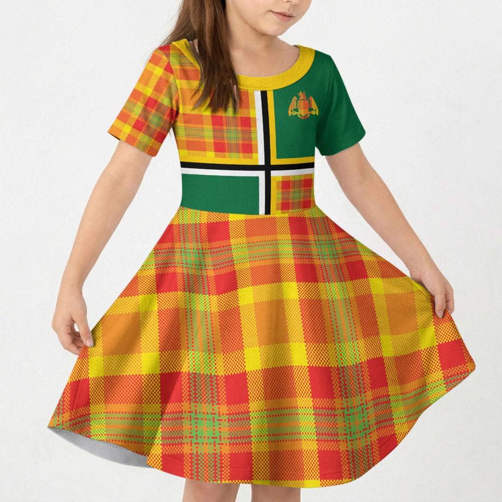 Dominica Creole Day Kid Short Sleeve Dress Coat Of Arms Madras Plaid Pattern