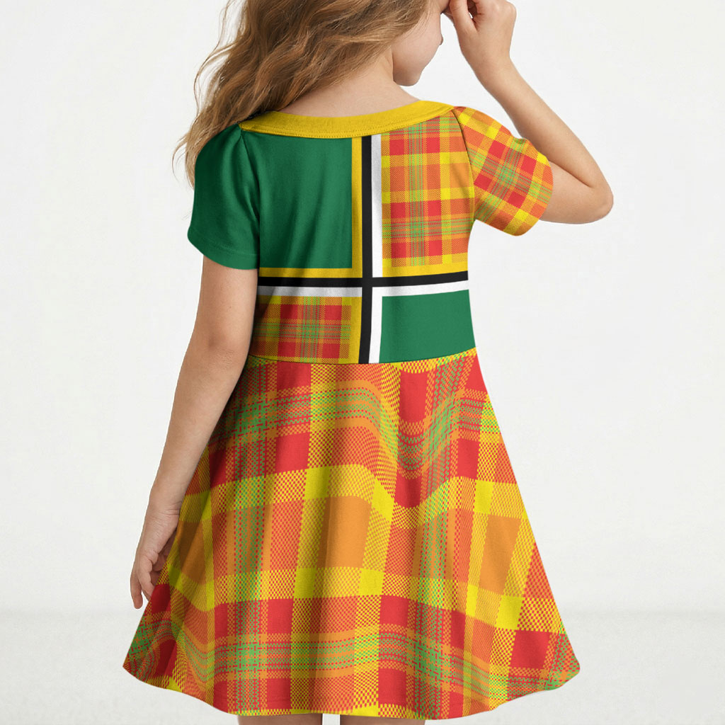 Dominica Creole Day Kid Short Sleeve Dress Coat Of Arms Madras Plaid Pattern
