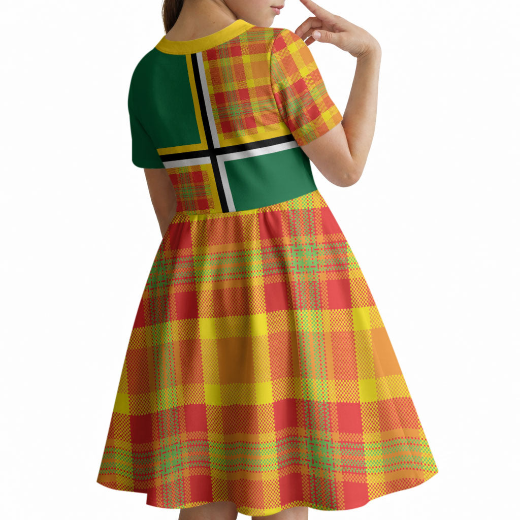 Dominica Creole Day Kid Short Sleeve Dress Coat Of Arms Madras Plaid Pattern